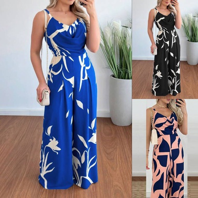 Casual Streetwear Flower Printing 4-Way Stretch Fabric Polyester Jumpsuits