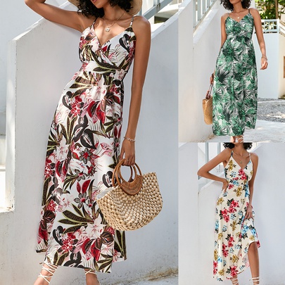 Women's Strap Dress Casual Streetwear Strap Printing Backless Sleeveless Flower Midi Dress Holiday Daily