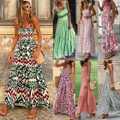 Women's Strap Dress Simple Style Strap Printing Contrast Binding Sleeveless Ditsy Floral Maxi Long Dress Casual