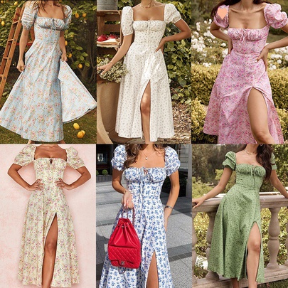 Women's Swing Dress Basic Streetwear Square Neck Printing Short Sleeve Ditsy Floral Midi Dress Casual
