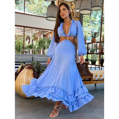 Women's Swing Dress Sexy V Neck Long Sleeve Solid Color Maxi Long Dress Holiday Beach