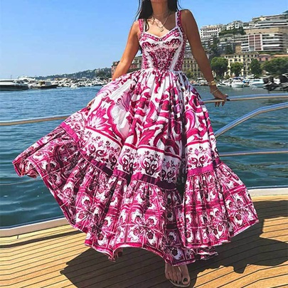Women's Strap Dress Swing Dress Vacation U Neck Printing Sleeveless Printing Maxi Long Dress Holiday Beach