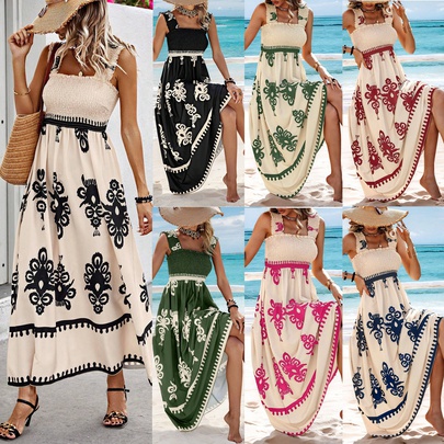 Women's Swing Dress Casual Elegant Strap Lettuce Trim Sleeveless Printing Maxi Long Dress Holiday Beach
