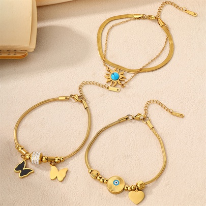 304 Stainless Steel 18K Gold Plated Casual Plating Inlay Sun Heart Shape Butterfly Turquoise Bracelets