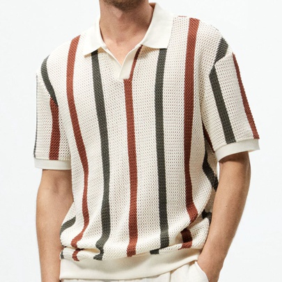Men's Stripe Streetwear Turndown Long Sleeve Regular Fit Men's T-shirt