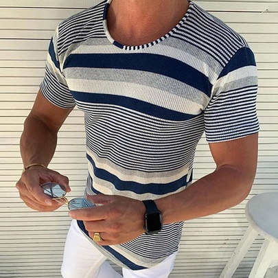 Men's Stripe Streetwear Round Neck Short Sleeve Slim Men's T-shirt