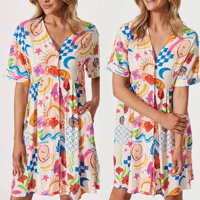 Women's Shirt Dress Casual V Neck Printing Button Short Sleeve Abstract Knee-Length Holiday Daily