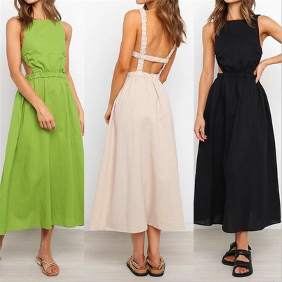 Women's Regular Dress Elegant Round Neck Backless Sleeveless Solid Color Maxi Long Dress Daily