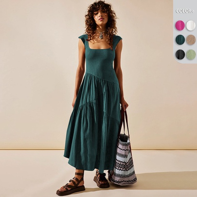 Women's Strap Dress Elegant Square Neck Pleated Sleeveless Solid Color Maxi Long Dress Daily
