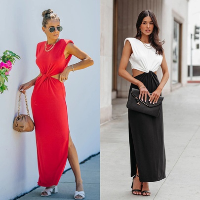 Women's Slit Dress Elegant Round Neck Sleeveless Color Block Solid Color Maxi Long Dress Daily