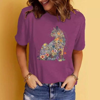 Women's T-shirt Short Sleeve T-Shirts Printing Streetwear Cat Flower