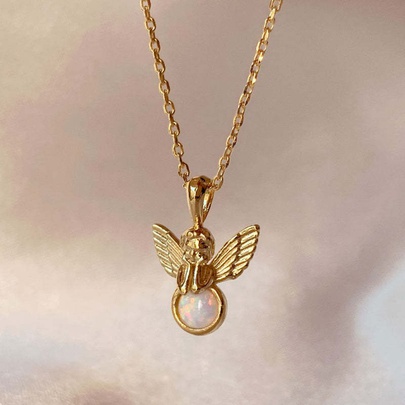 201 Stainless Steel 304 Stainless Steel Gold Plated Elegant Simple Style Inlay Angel Artificial Opal Zircon Pendant Necklace