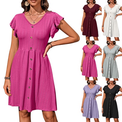 Women's Regular Dress Simple Style V Neck Button Short Sleeve Solid Color Midi Dress Holiday Daily