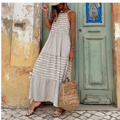 Women's Swing Dress Streetwear Halter Neck Sleeveless Stripe Maxi Long Dress Daily Beach