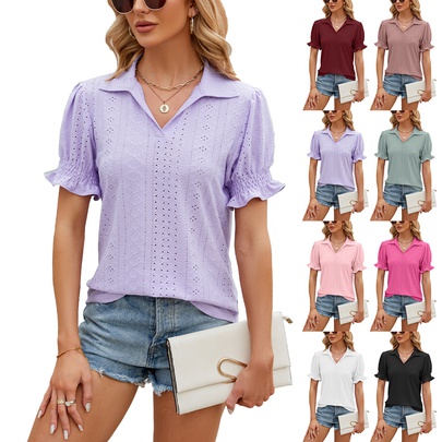 Women's T-shirt Short Sleeve Blouses Patchwork Pleated Simple Style Solid Color