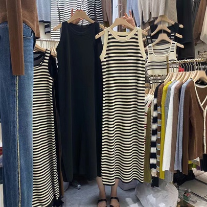 Women's Sheath Dress Simple Style Round Neck Stripe Sleeveless Stripe Maxi Long Dress Daily