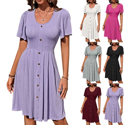Women's Regular Dress Simple Style U Neck Button Short Sleeve Solid Color Midi Dress Holiday Daily