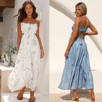 Women's Strap Dress Streetwear Strap Printing Backless Sleeveless Printing Maxi Long Dress Holiday Daily Beach