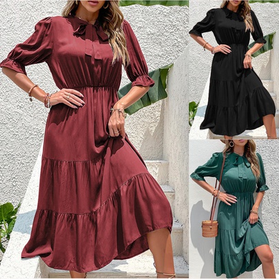 Women's Regular Dress Elegant Round Neck Bowknot Half Sleeve Solid Color Midi Dress Office Business Lectures