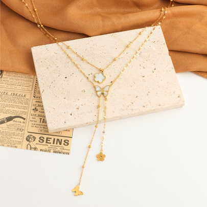 304 Stainless Steel 18K Gold Plated Sweet Streetwear Plating Inlay Flower Butterfly Shell Double Layer Necklaces