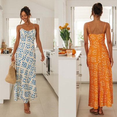 Women's Strap Dress Sexy Strap Printing Backless Sleeveless Ditsy Floral Maxi Long Dress Holiday Daily
