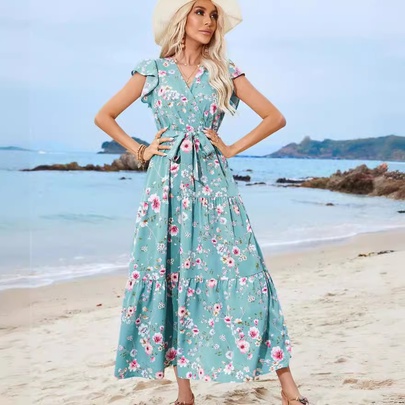 Women's Regular Dress Vacation V Neck Printing Short Sleeve Ditsy Floral Maxi Long Dress Daily Beach
