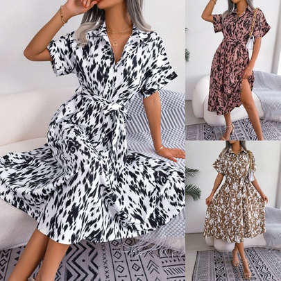 Women's Sheath Dress Streetwear Turndown Button Long Sleeve Leopard Maxi Long Dress Holiday Daily