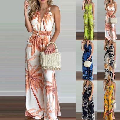 Women's Holiday Outdoor Beach Tropical Coconut Tree Full Length Jumpsuits