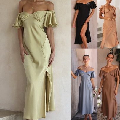 Women's Slit Dress Elegant V Neck Backless Short Sleeve Solid Color Maxi Long Dress Holiday Banquet