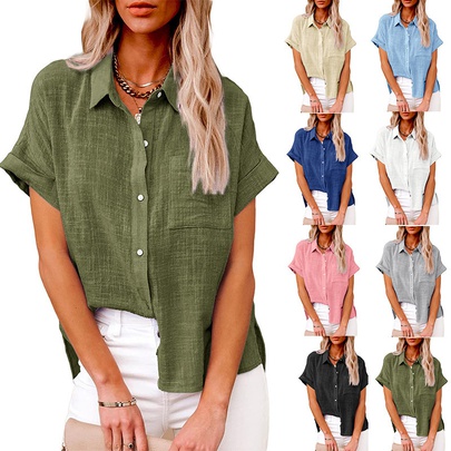 Women's Blouse Short Sleeve Blouses Pocket Streetwear Solid Color
