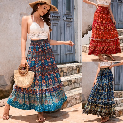 Summer Vintage Style Bohemian Geometric Viscose Fiber Maxi Long Dress Skirts