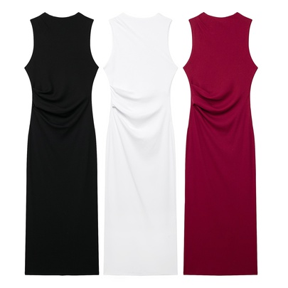 Women's Sheath Dress Elegant Streetwear Round Neck Pleated Sleeveless Solid Color Midi Dress Holiday Banquet