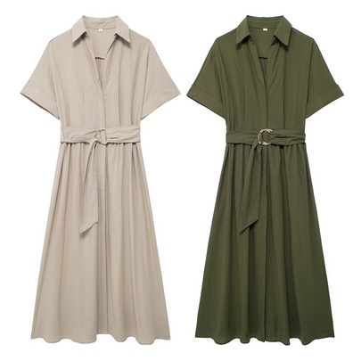 Women's Regular Dress Streetwear Turndown Belt Short Sleeve Solid Color Maxi Long Dress Holiday