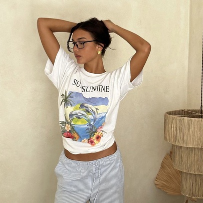 Women's T-shirt Short Sleeve T-Shirts Printing Contrast Binding Streetwear Plant Dolphin