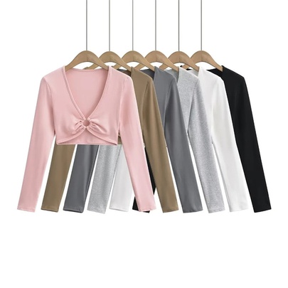 Women's Wrap Crop Top Long Sleeve Blouses Elegant Solid Color