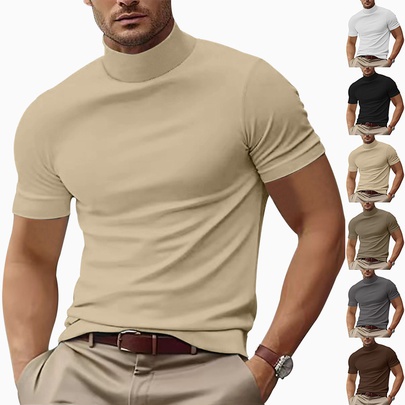 Men's Solid Color Simple Style Turtleneck Short Sleeve Slim Men's T-shirt