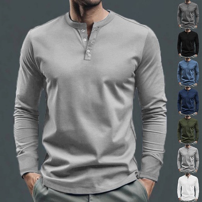 Men's Solid Color Simple Style Round Neck Collarless Long Sleeve Slim Men's T-shirt