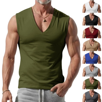 Men's Solid Color Simple Style V Neck Sleeveless Loose Men's Tops