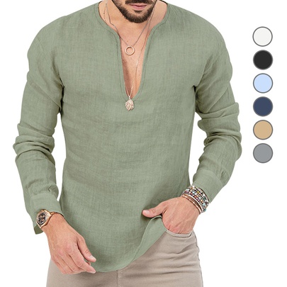 Men's Solid Color Simple Style V Neck Collarless Long Sleeve Regular Fit Men's Tops
