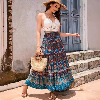 Summer Vacation Printing Spandex Polyester Maxi Long Dress Skirts