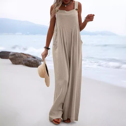 Women's Holiday Beach Simple Style Solid Color Full Length Button Jumpsuits