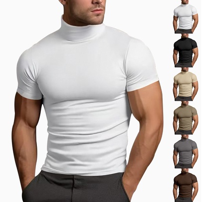 Men's Solid Color Simple Style Turtleneck Short Sleeve Slim Men's T-shirt