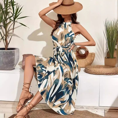 Women's Regular Dress Vacation Halter Neck Printing Sleeveless Printing Maxi Long Dress Holiday Daily Beach