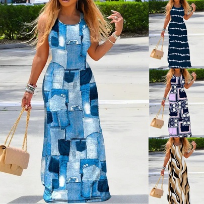 Women's Regular Dress Streetwear Round Neck Sleeveless Color Block Plaid Waves Maxi Long Dress Holiday Beach