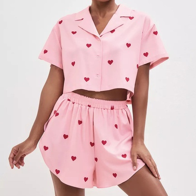 Home Daily Women's Sweet Heart Shape Polyester Satin Shorts Sets Pajama Sets