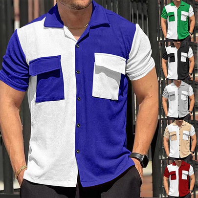 Men's Color Block Streetwear Turndown Short Sleeve Loose Men's Tops