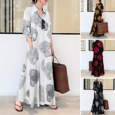 Women's Swing Dress Streetwear Turndown Printing Long Sleeve Printing Maxi Long Dress Holiday Date