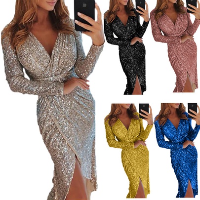 Women's Ball Gown Elegant V Neck Long Sleeve Solid Color Knee-Length Holiday Date