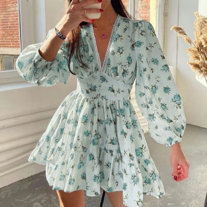 Women's Floral Dress Vacation V Neck Long Sleeve Ditsy Floral Above Knee Birthday Date Selfie