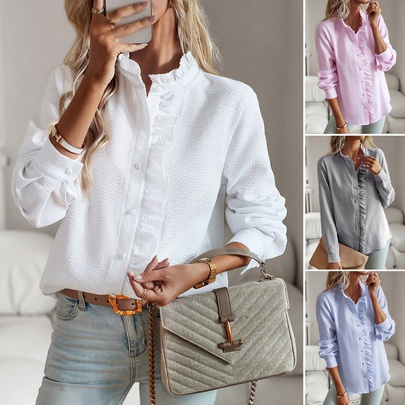 Women's Blouse Long Sleeve Blouses Frill Ruched Business Stripe Solid Color